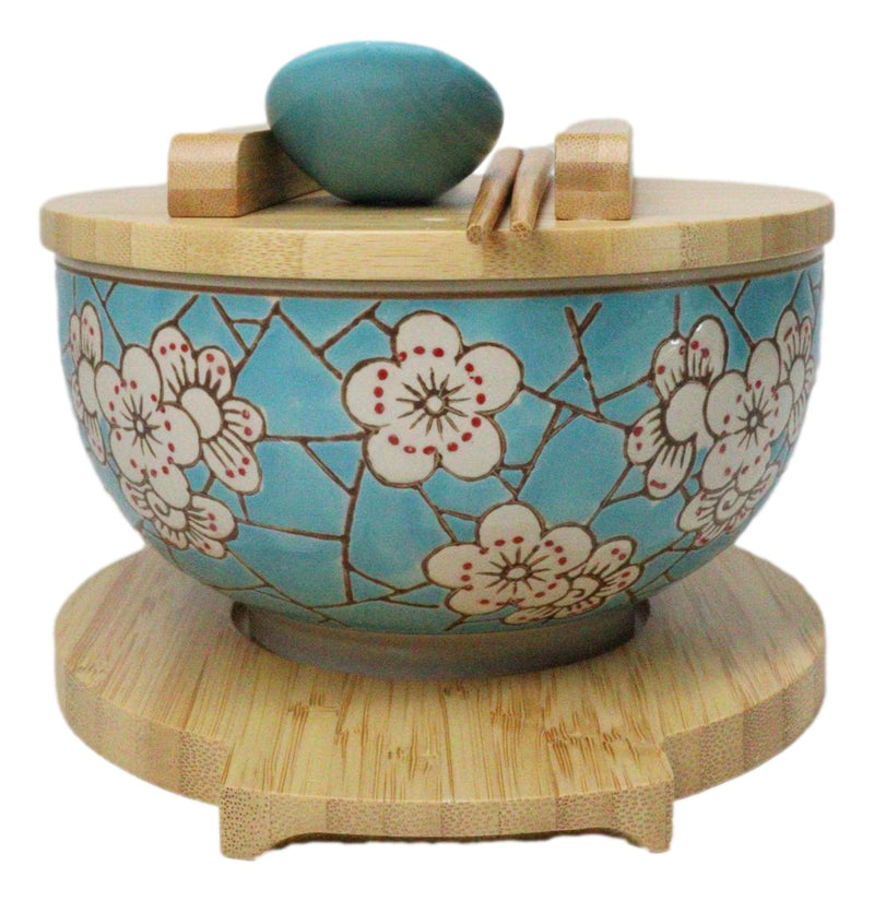 Blue Spring Blossoms Donburi Ramen Bowl With Lid Trivet Spoon Chopsticks Set