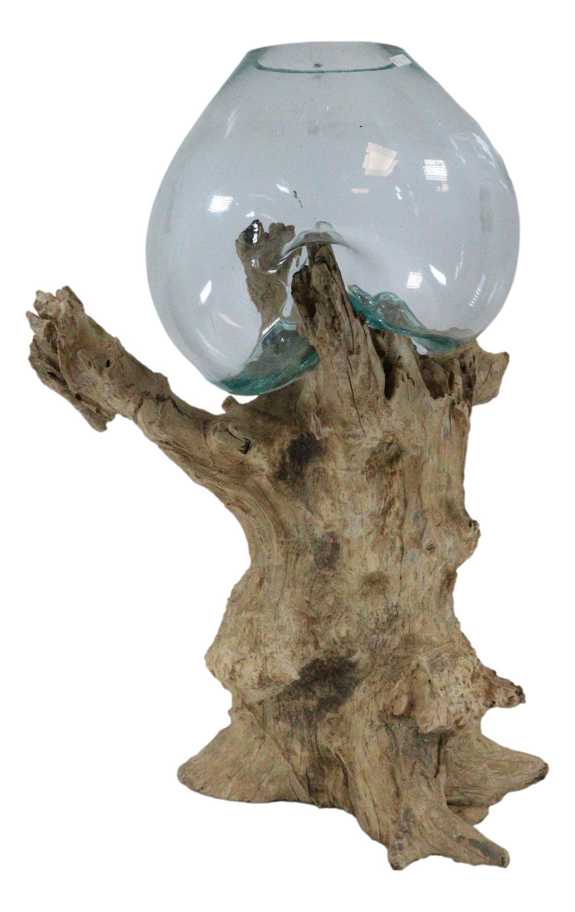 Large 28"H Bali Handicraft Driftwood With Molten Glass Bowl Vase Aquarium Decor