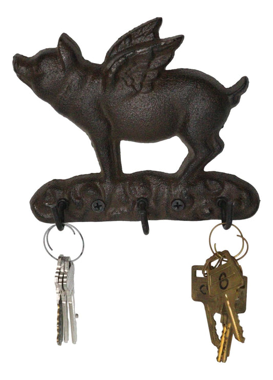 Cast Iron Whimsical Flying Pig Angel 3-Peg Wall Hook Decorative Sculpture - Ebros Gift