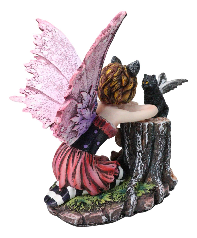 Tribal Autumn Girl Fairy with Red Hair Talking with Winged Black Cat Figurine