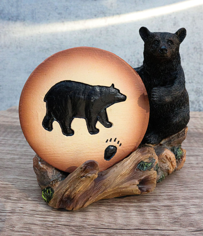 Rustic Woodlands Black Bear Paw Coaster Set 4 Round Coasters Figurine Holder 4"H