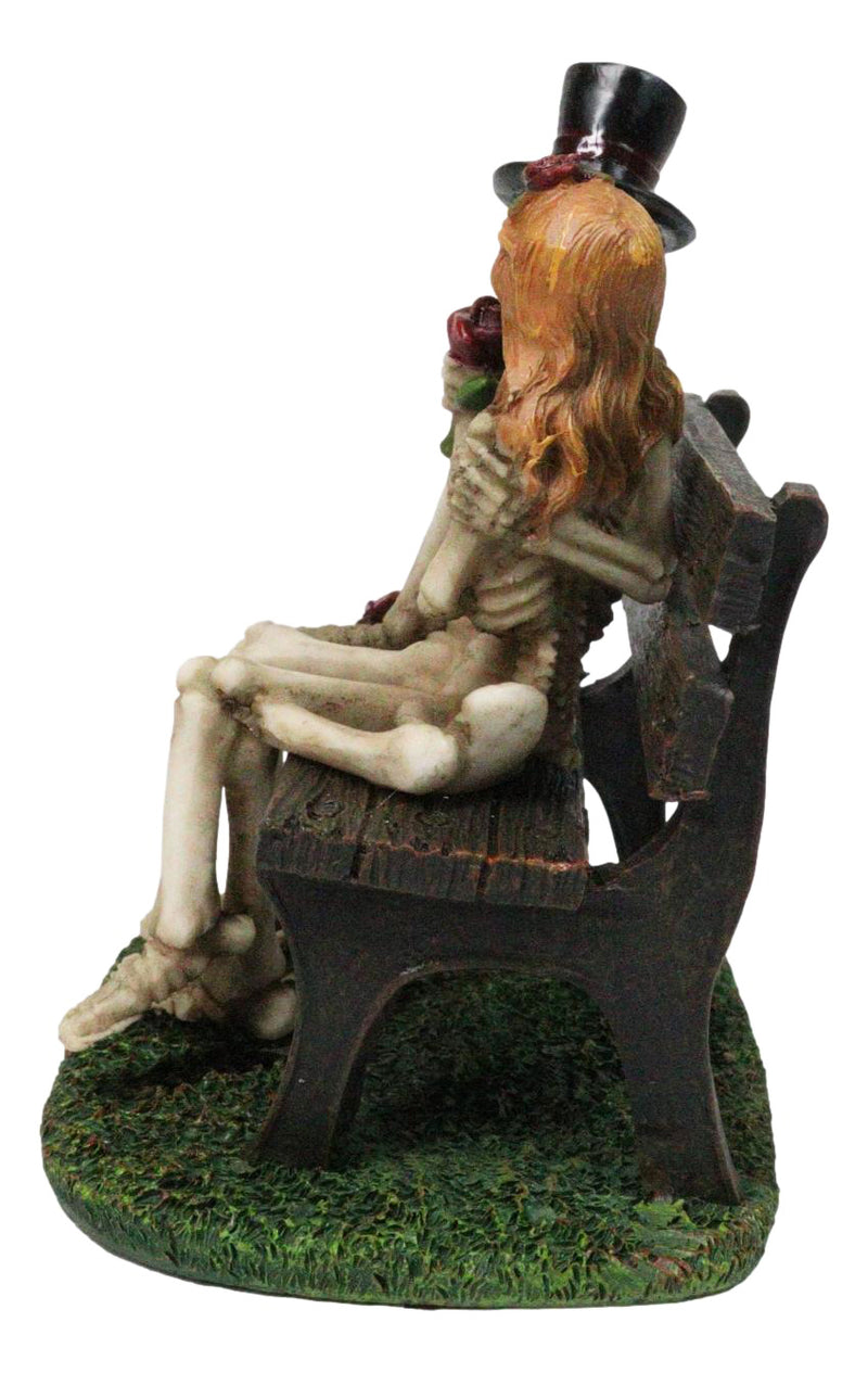 Skeleton Couple with Top Hat and Wig Sitting On Park Bench With Roses Figurine