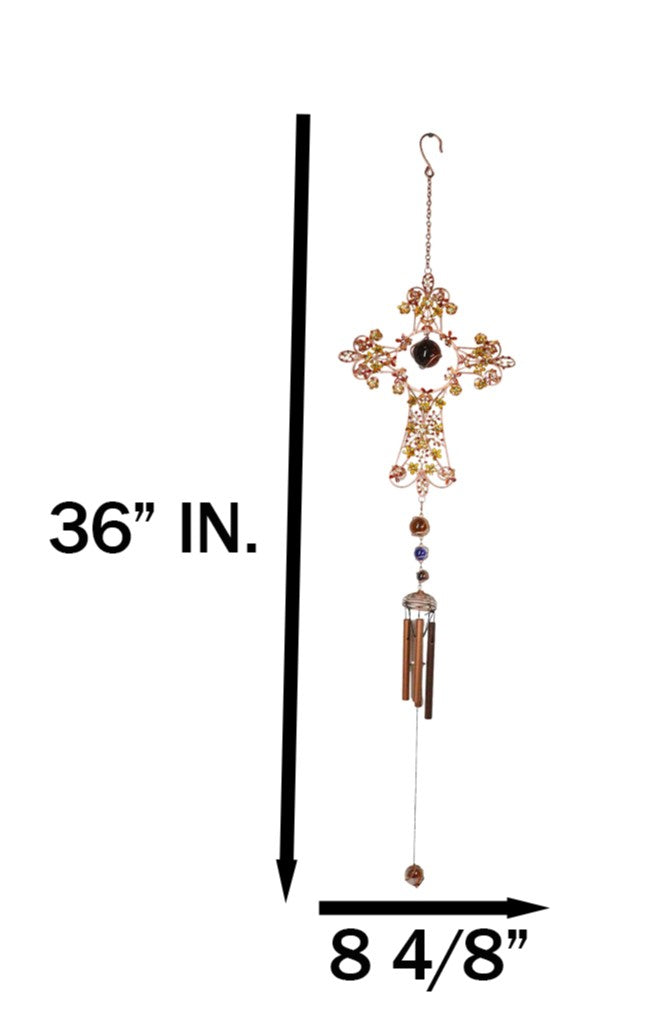 Autumn Floral Gemstones Fleur De Lis Christian Cross Art Glass Metal Wind Chime