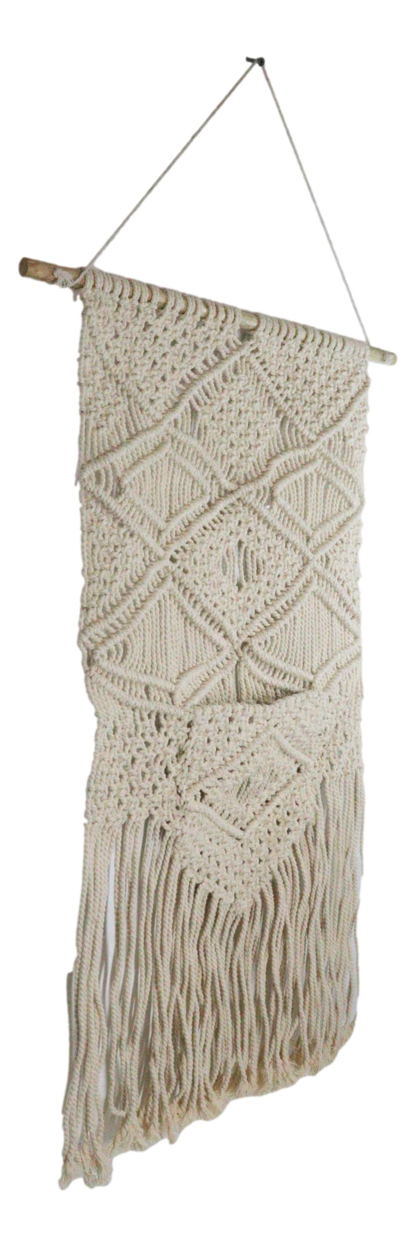 Boho Hand Woven Cotton Macrame Tapestry With Center Pocket & Tassels Wall Decor