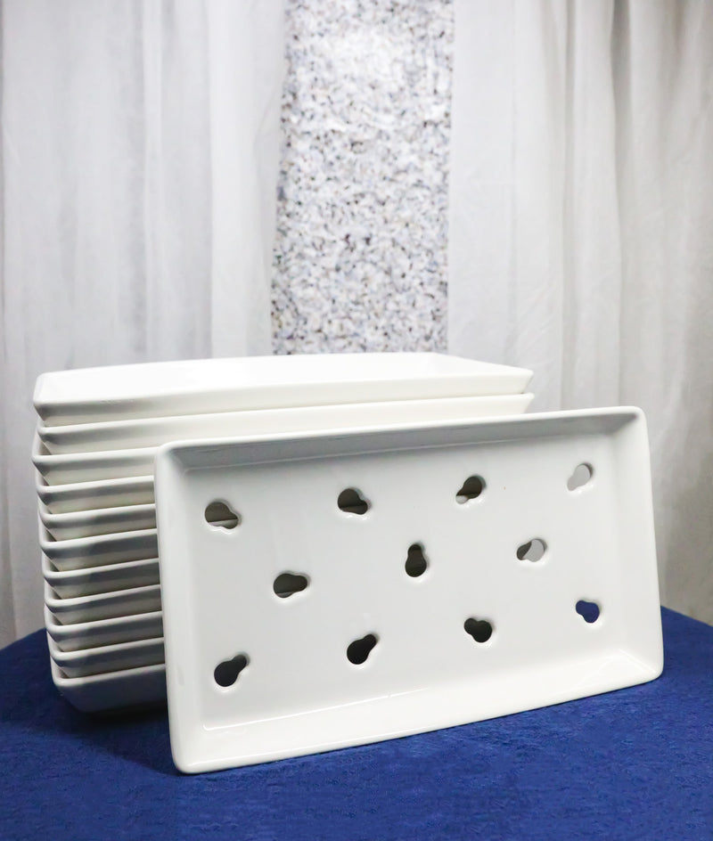 Pack Of 12 Ceramic White Neta Zara Sushi Case Plates With Drip Holes 9" By 5"