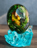 Green Fossil Dragon Hatchling Sleeping in Crystal Acrylic Glass Egg Figurine