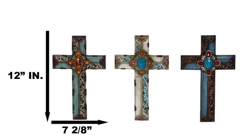 Pack Of 3 Rustic Western Tuscany Scrollwork Turquoise Amber Gems Wall Crosses