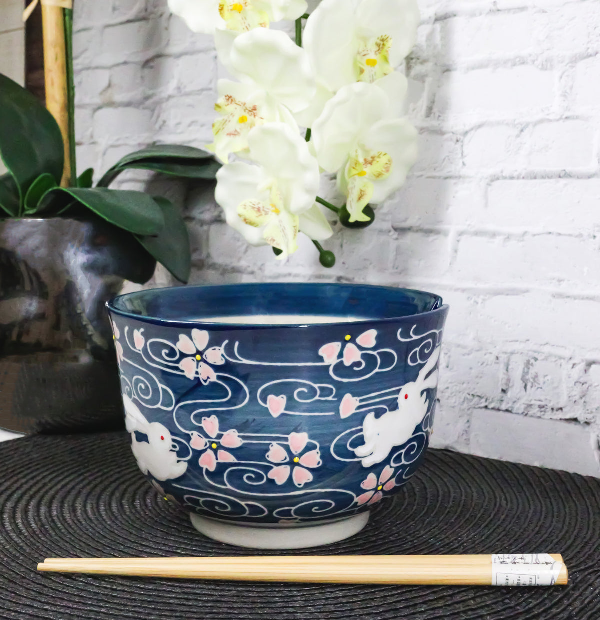 Pink Sakura White Rabbits Large 24Oz Donburi Ramen Bowl With Chopsticks Set