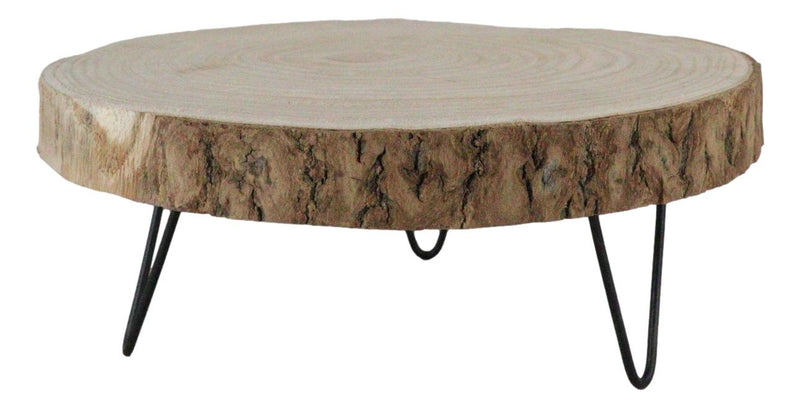Unfinished Natural Wood Bark Round Slice With Metal Legs Pedestal Stand 11"D