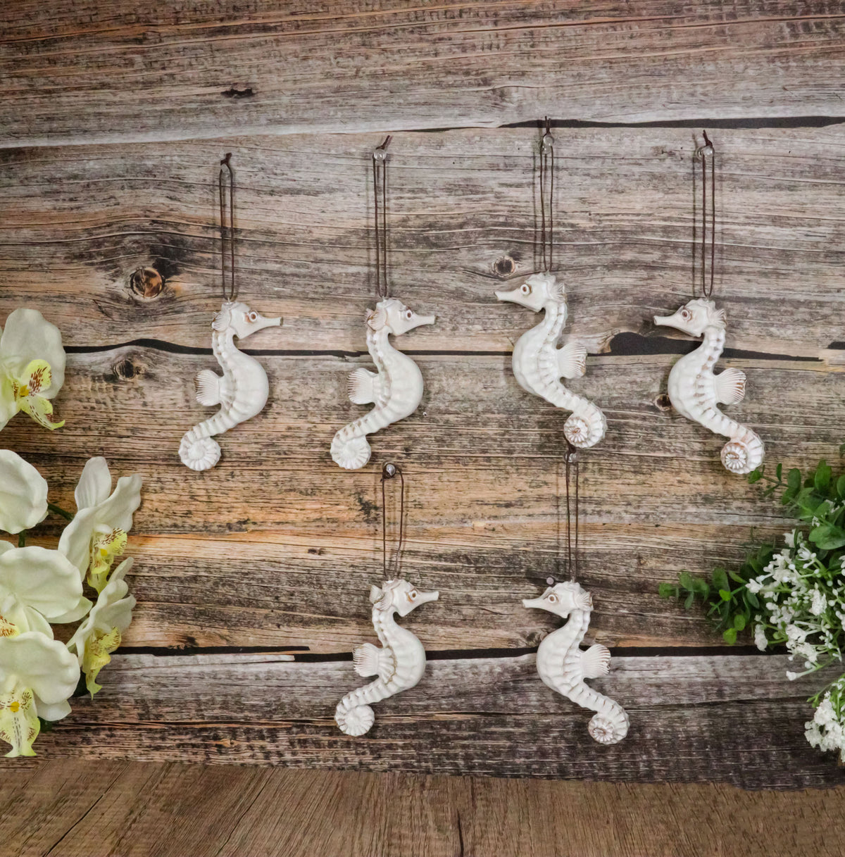 Set Of 6 Antique White Seahorses Ocean Marine Wall Hanging Decor Tree Ornaments