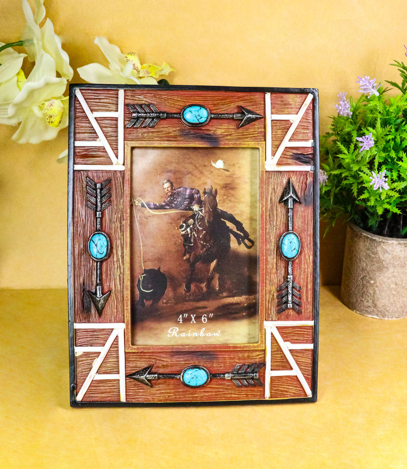 Southwest Boho Native Indian Turquoise Arrows Faux Wooden 4"X6" Picture Frame