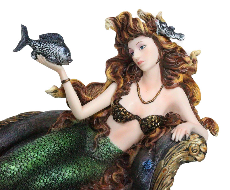 Queen Of Atlantis Siren Mermaid With Fish Resting On Sea Lounge Chair Figurine