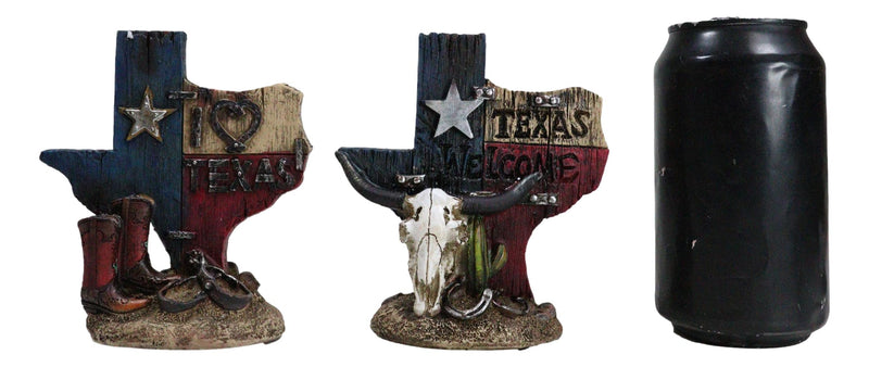 Set Of 2 Western Texas Map Cowboy Boots Cow Skull Horseshoe Cactus Figurines