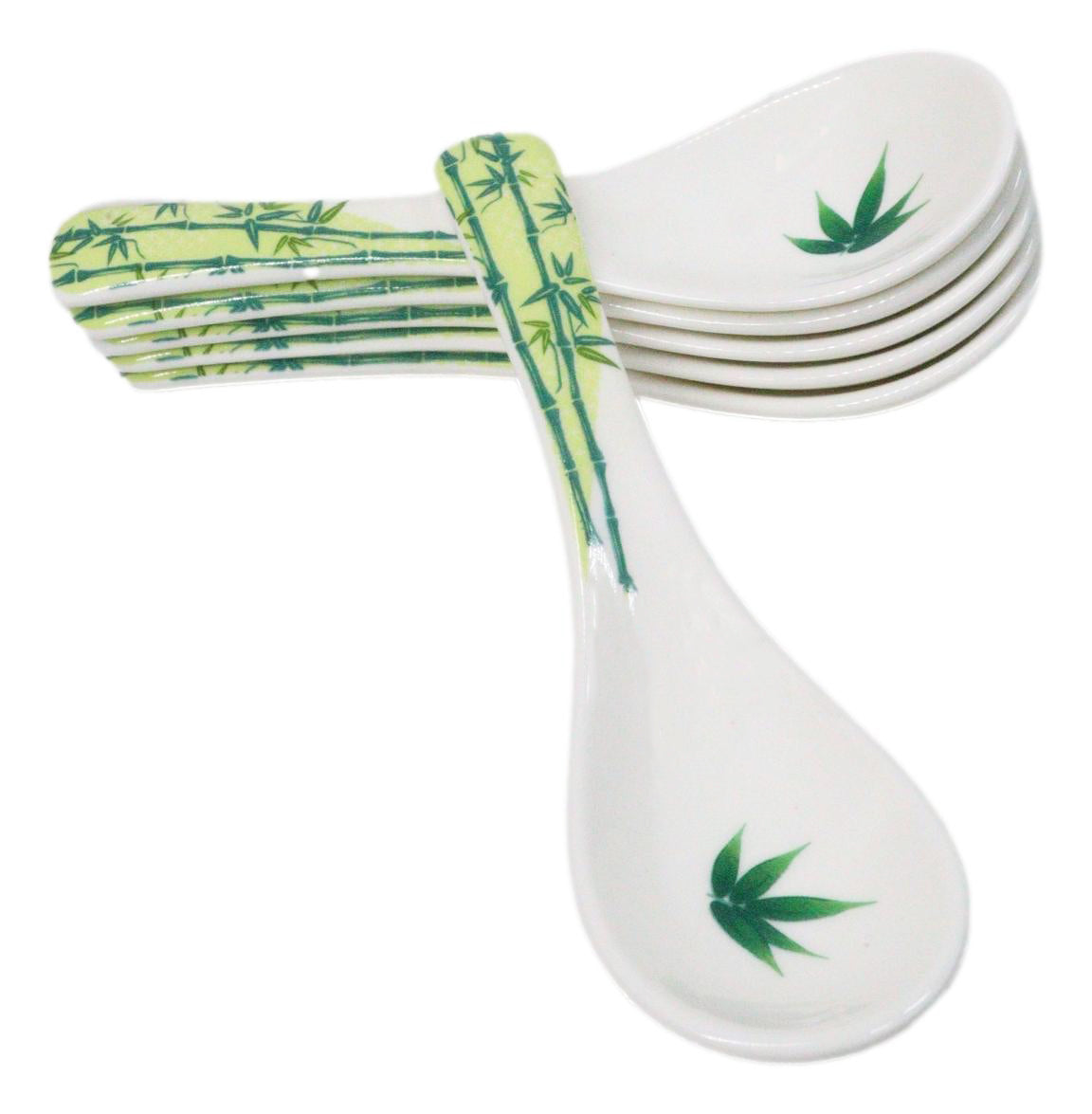 Set of 6 Green Bamboo Porcelain Asian Soup Spoons Japanese Ramen Pho Wonton