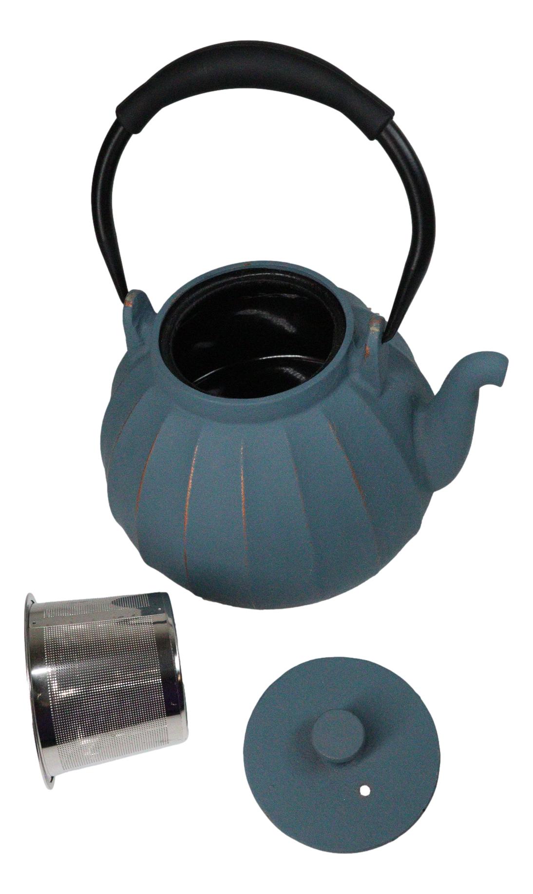 Blue Gold Streaks Wide Base Vertical Lines Medium Cast Iron Teapot 33oz Tea Pot