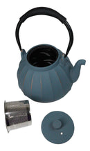 Blue Gold Streaks Wide Base Vertical Lines Medium Cast Iron Teapot 33oz Tea Pot