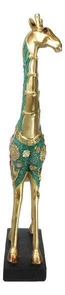 Large Safari Savannah Green Bejeweled Masai Giraffe With Black Base Figurine 16"