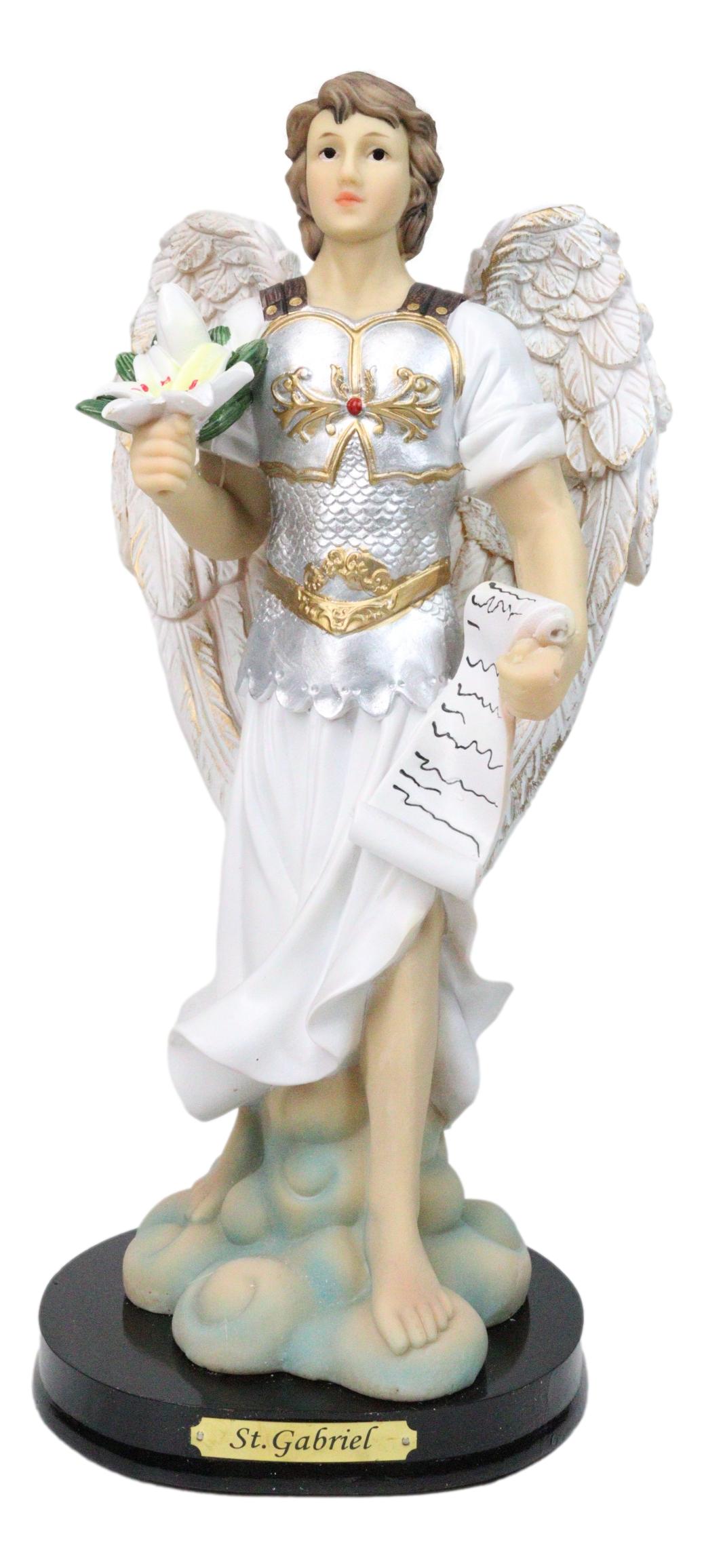 Archangel Saint Gabriel Holding Scroll and White Lotus Figurine With Base 12"H
