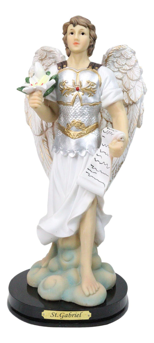 Archangel Saint Gabriel Holding Scroll and White Lotus Figurine With Base 12"H