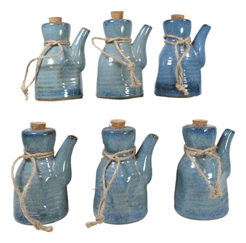 Pack of 6 Porcelain Cool Blue Soy Sauce Vinegar Condiment Dispenser Flask 7oz