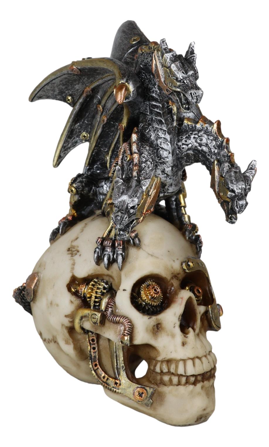 Steampunk Cyborg Skull with Perching Robotic Silver Hydra Dragon Figurine