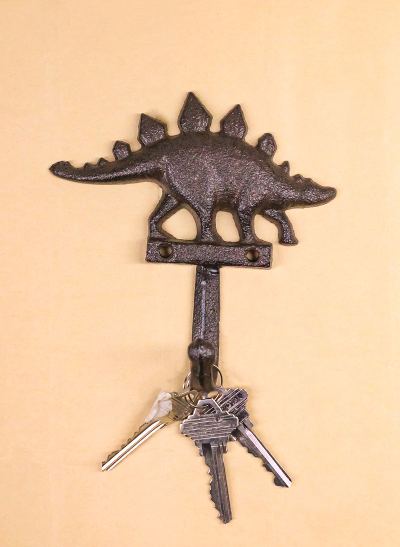 Pack Of 2 Cast Iron Rustic Jurassic Stegosaurus Dinosaur Wall Hook Sculptures