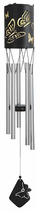 Monarch Butterlfy Cylindrical Steel Metal Filigree Hanging Solar Wind Chime