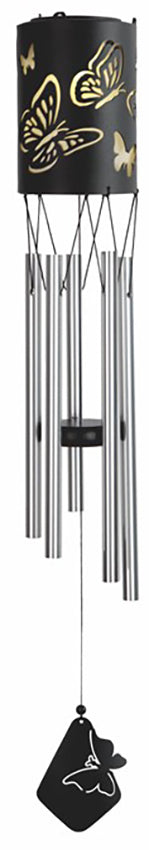 Monarch Butterlfy Cylindrical Steel Metal Filigree Hanging Solar Wind Chime