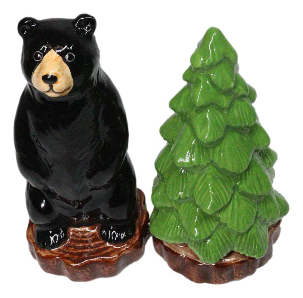 Wildlife Rustic Forest Black Bear And Pine Tree Ceramic Salt Pepper Shakers Set