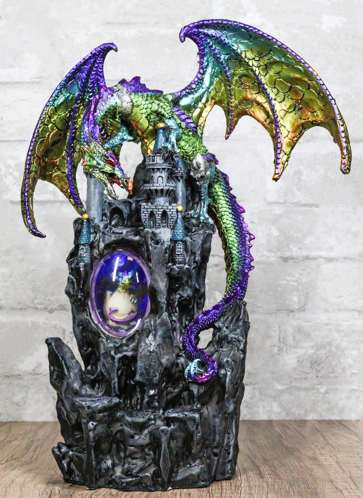 Large Rainbow Dragon On Castle Statue With Wyrmling In Egg LED Light Glass Ball - Ebros Gift