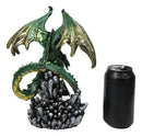 Metallic Green and Gold Rune Dragon Guarding Glass Prism Crystals Figurine 10"H
