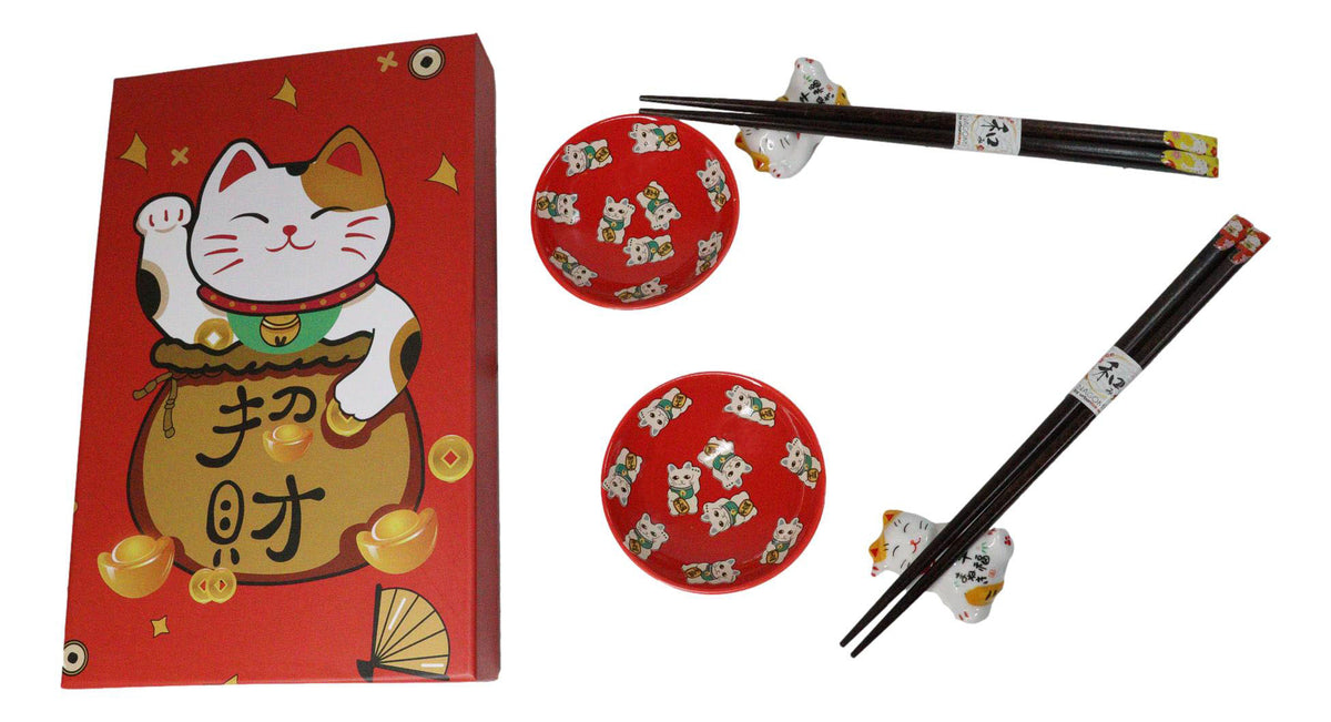 Maneki Neko Lucky Cats Red Sauce Dishes Chopsticks And Rests Sushi Set For 2