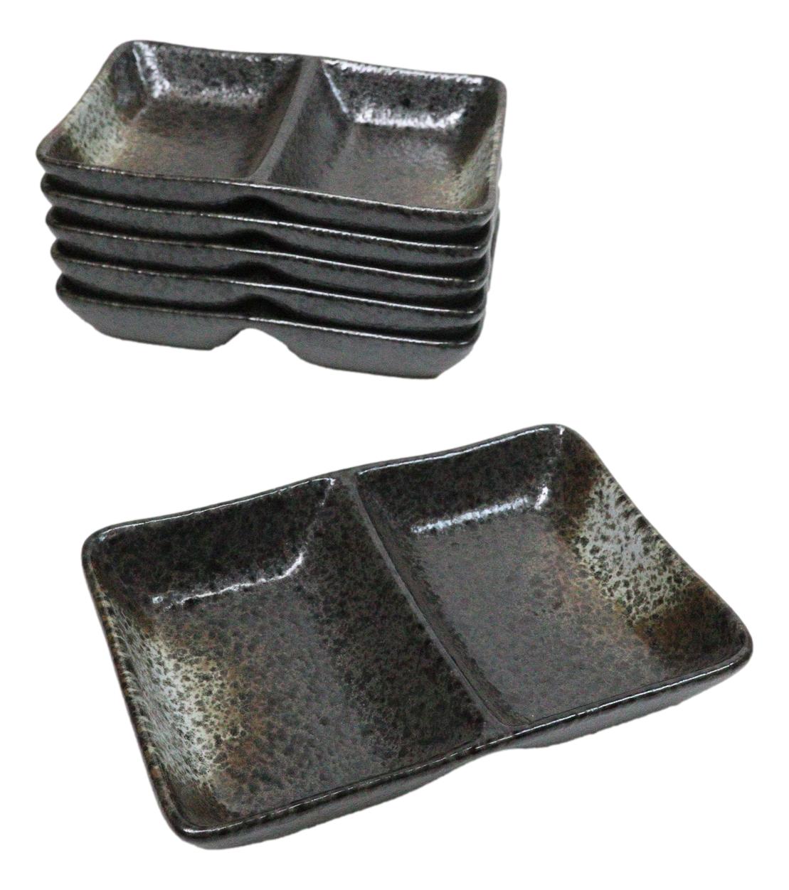 Pack Of 6 Ceramic Hakumu Soy Sauce Or Condiment Saucer Dish With 2 Compartments