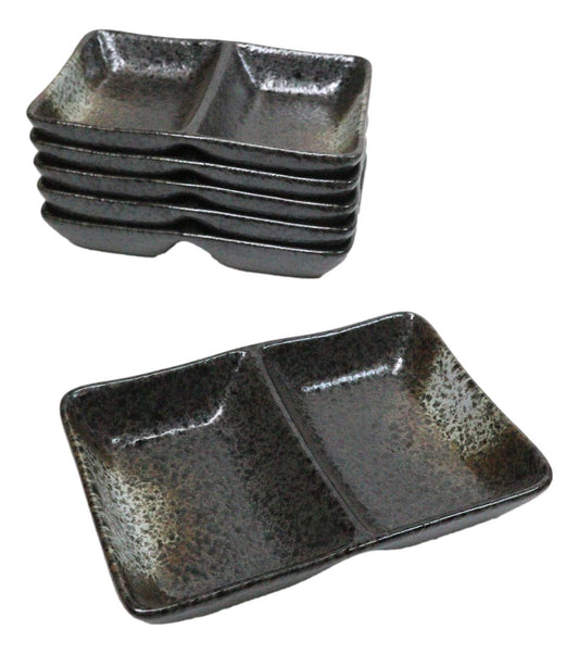 Pack Of 6 Ceramic Hakumu Soy Sauce Or Condiment Saucer Dish With 2 Compartments