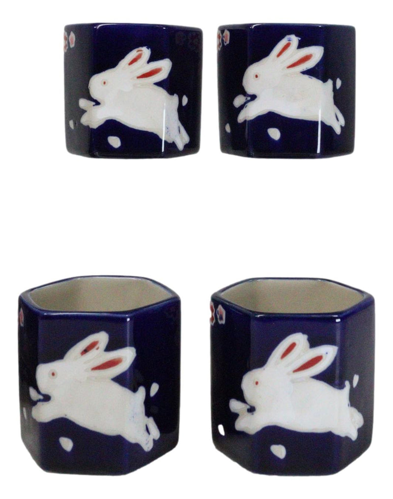 Blue Sakura Cherry Blossoms With Rabbit Hexagonal Teapot With 4 Tea Cups Set