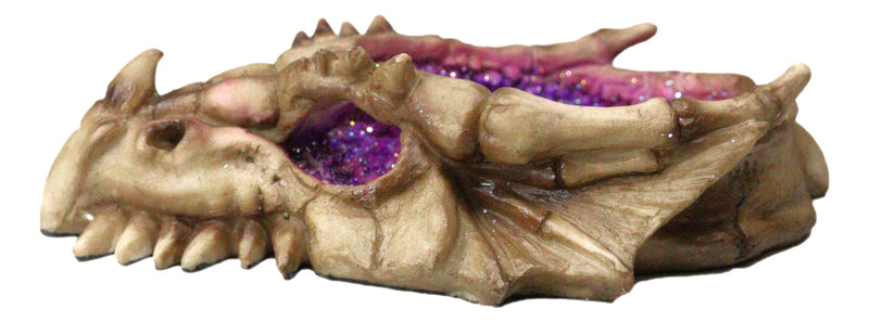 Skeletal Bone Dragon Skull With Purple Faux Quartz Crystals Geode Trinket Dish