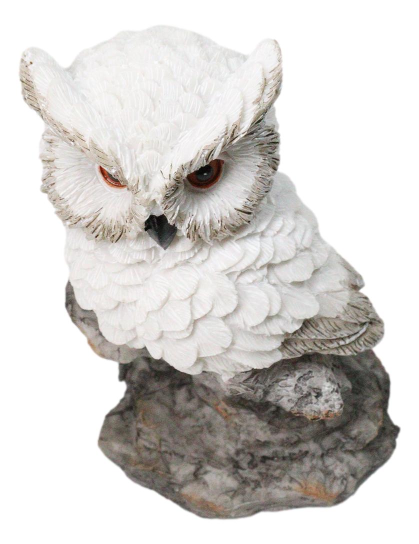 Whimsical White Snow Night Owl Perching On Tree Branch Figurine Decor