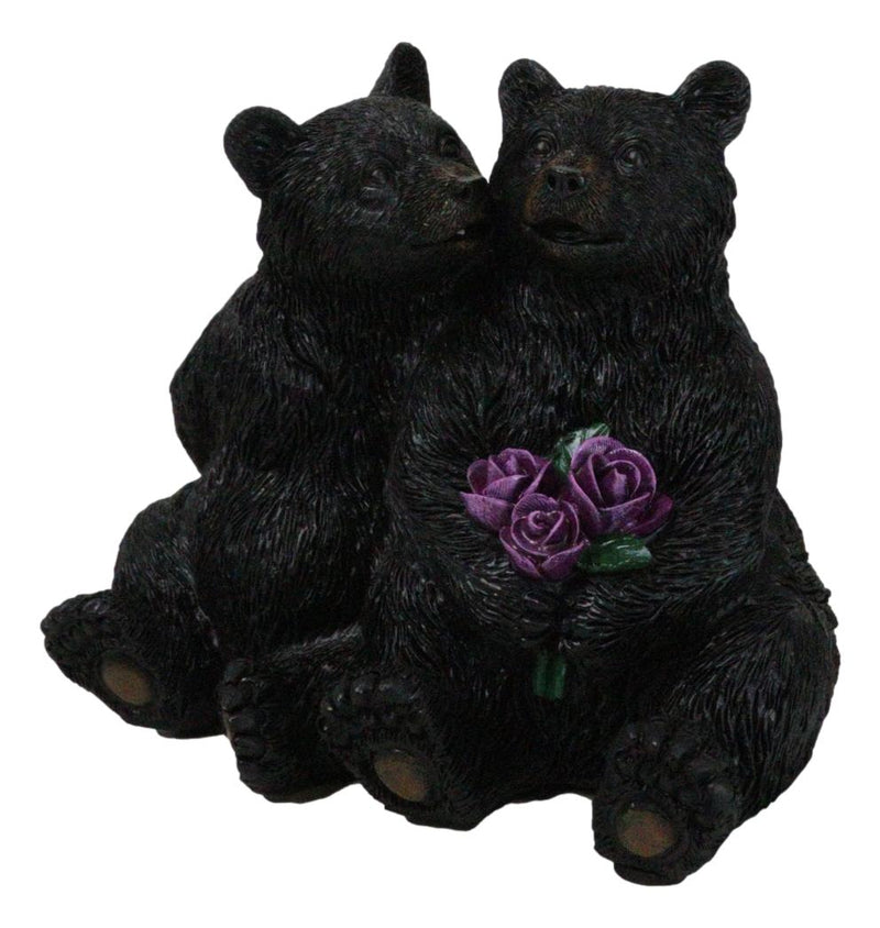 Rustic Forest Whimsical Cuddling Black Bear Couple with Flower Bouquet Figurine