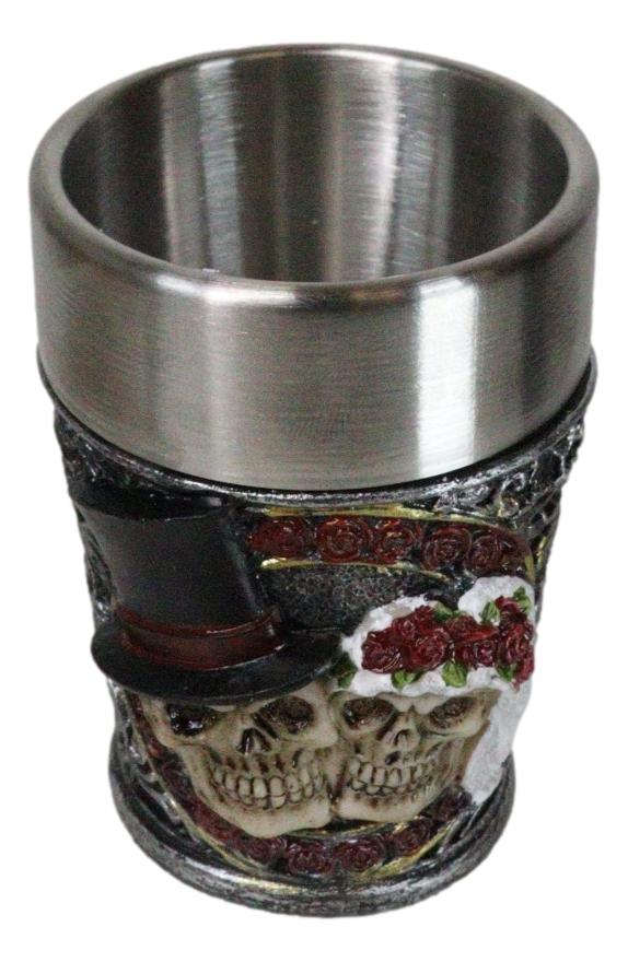 Pack of 4 Gothic Love Never Dies Skeleton Bride And Groom Shooter Shot Glasses - Ebros Gift