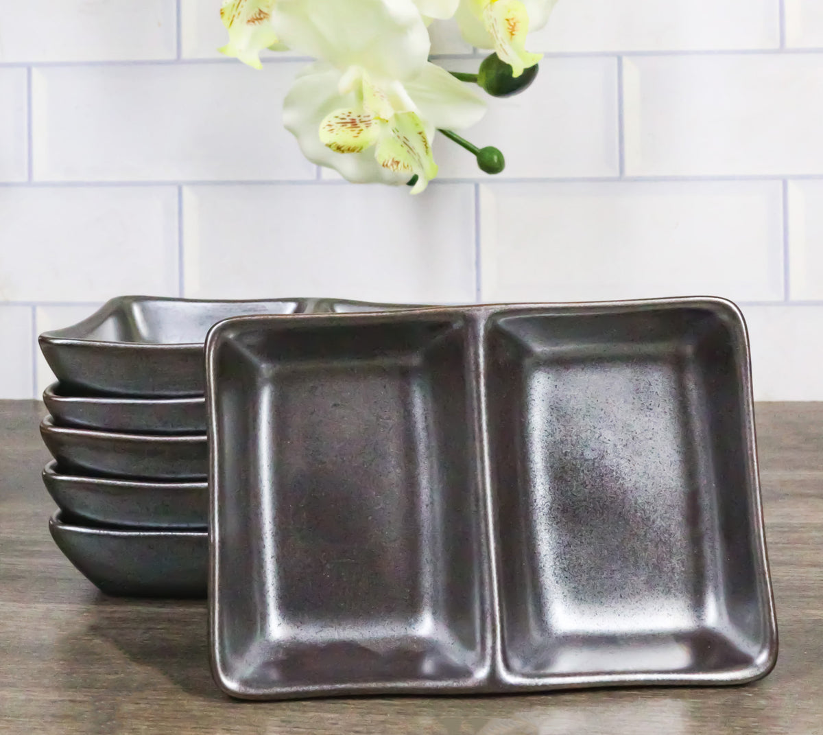 Pack Of 6 Ceramic Tetsu Kesho Soy Sauce Or Condiment Dishes With 2 Compartments