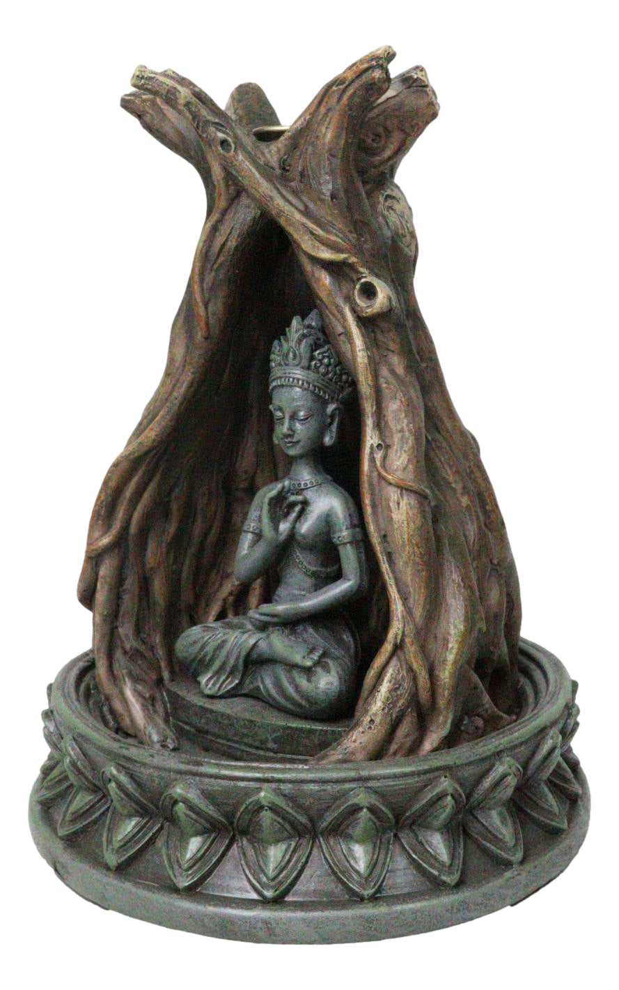 Amitabha Buddha Meditating Inside Tree Trunk Backflow Incense Burner Figurine