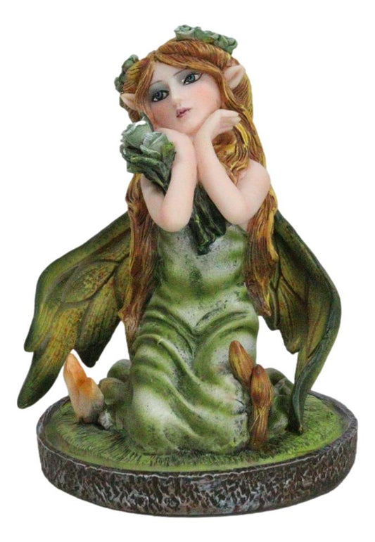 Kneeling Green Ivy Gaia Earth Fairy With Crystal Ball On Garden Small Figurine - Ebros Gift