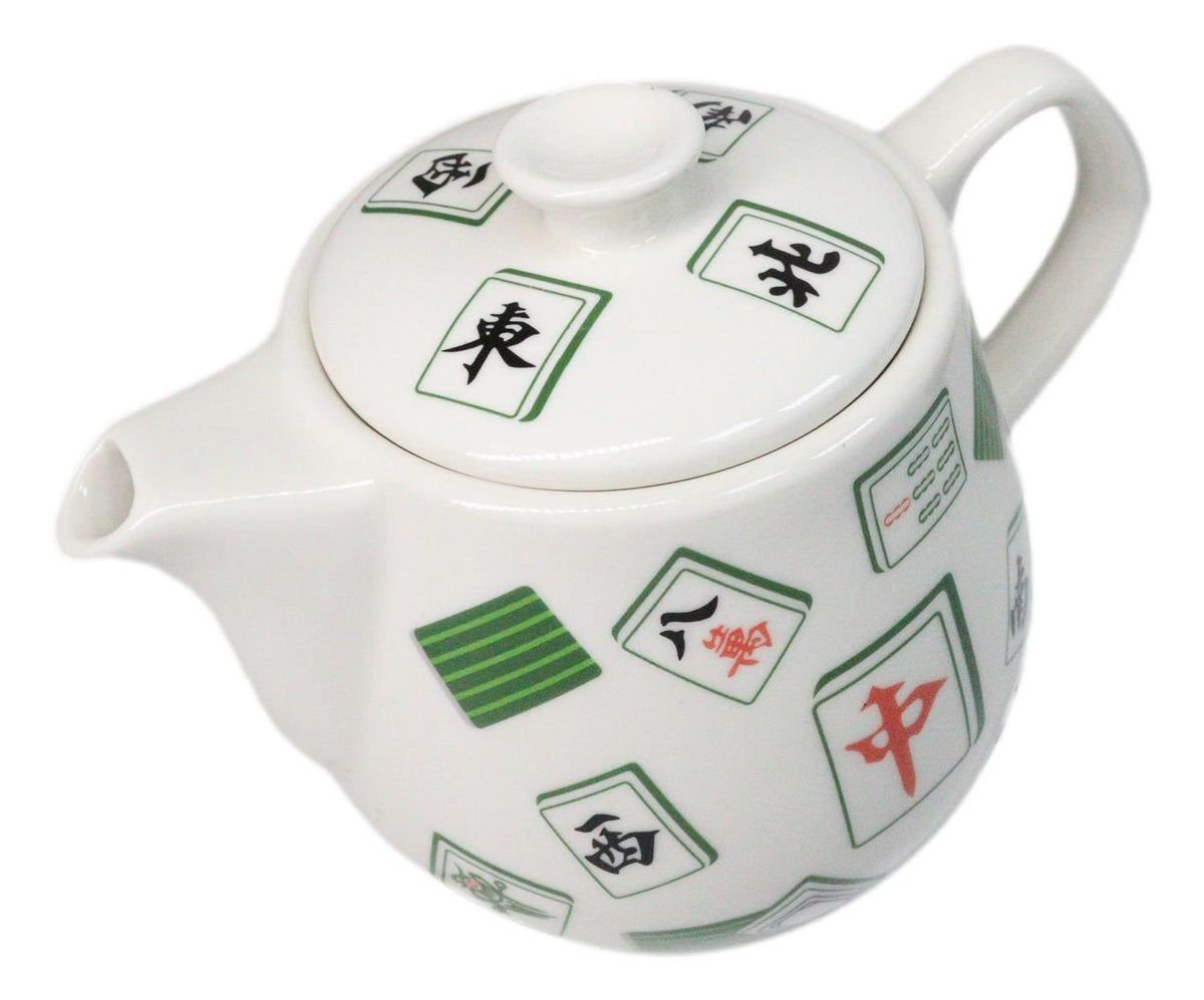 Green And White Iconic Chinese Mahjong Tiles Ceramic Tea Pot 15oz With Strainer