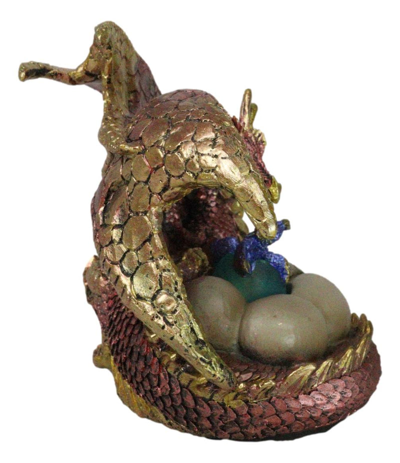 Red Gold Fire Mother Dragon Guarding Eggs And Baby Hatchling With LED Figurine