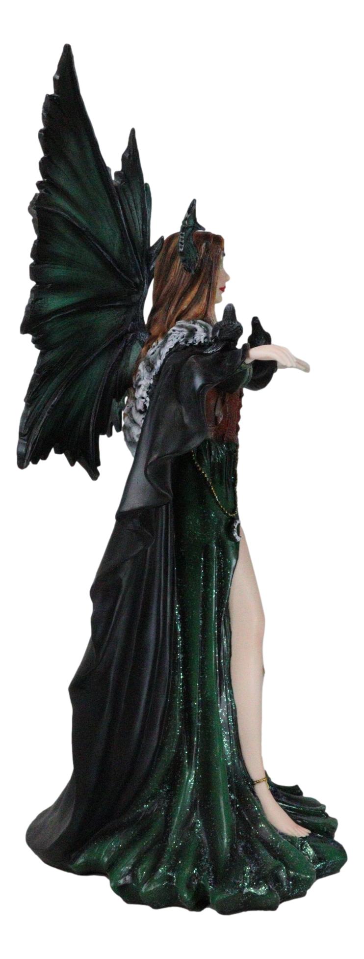 Large Gothic Dragon Fairy Queen In Long Green Robe With Ravens Statue 17"H
