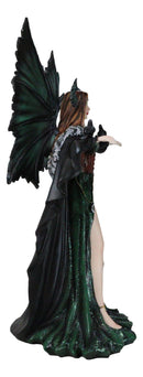 Large Gothic Dragon Fairy Queen In Long Green Robe With Ravens Statue 17"H