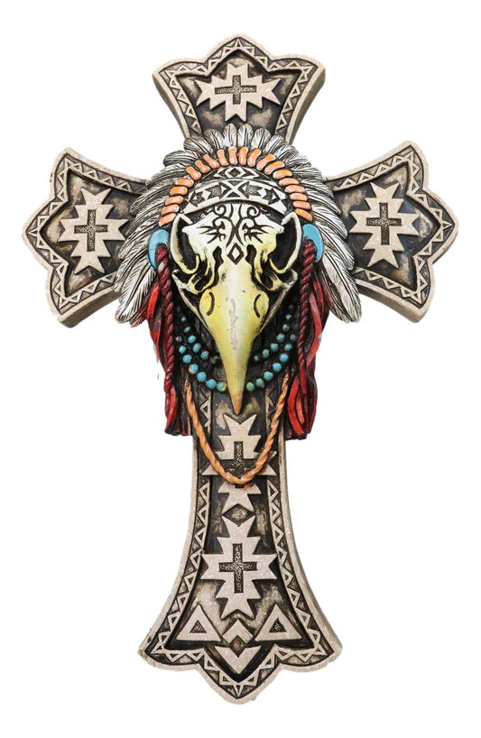Southwestern Rustic Native Tribal Raven Crow Skull Headdress Roach Wall Cross