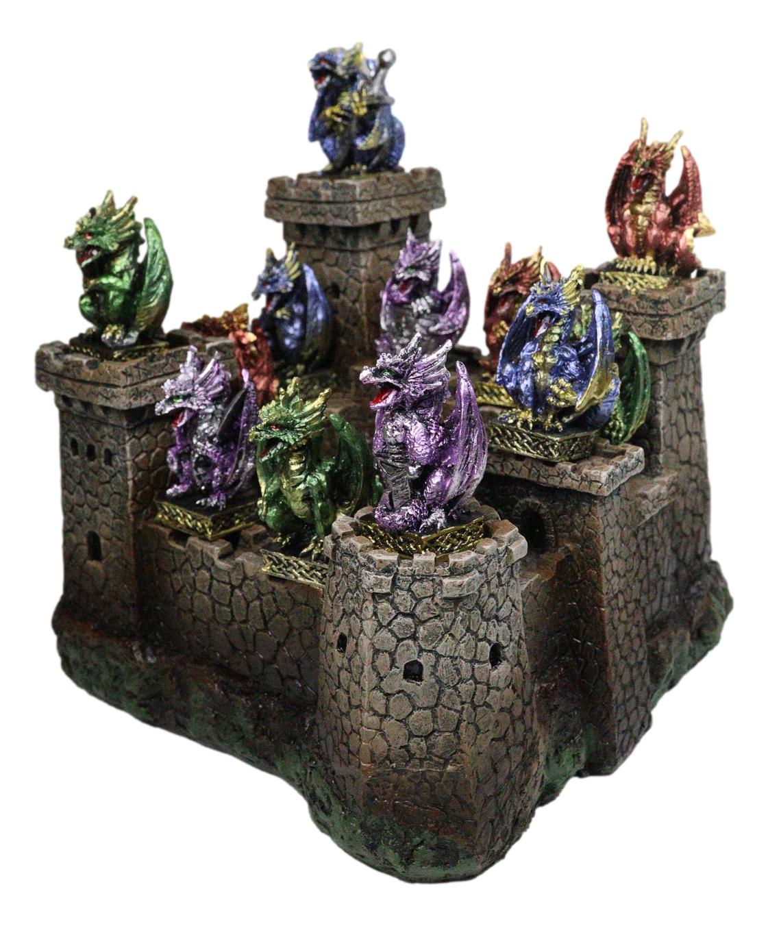 Medieval Grand Stonewall Castle Gatehouse With 12 Miniature Dragons Figurine Set