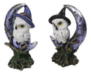 Pair of Snow Owls With Witch Hats Perching On Cratered Crescent Moon Figurines