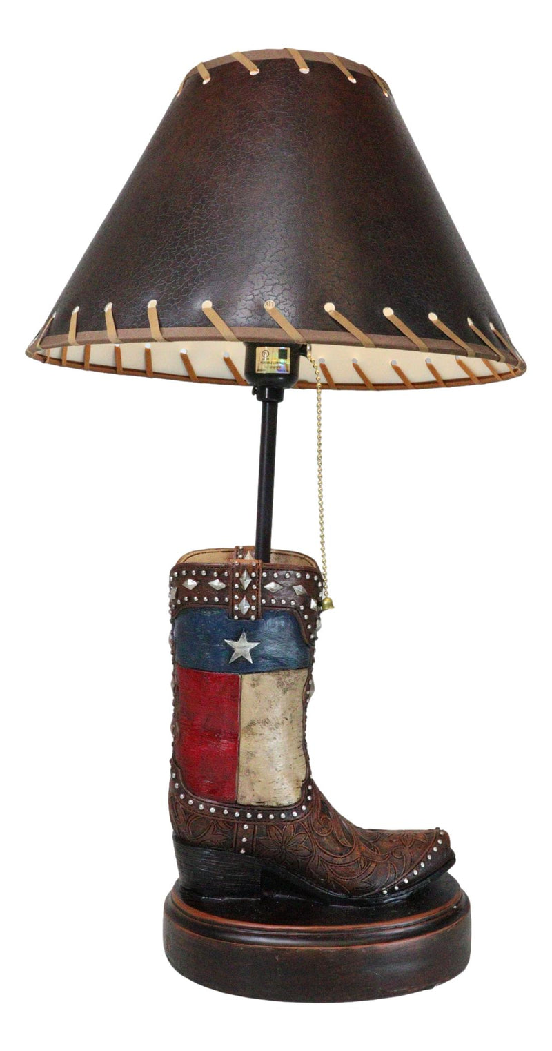 Western Floral Tooled Leather Texas State Flag Cowboy Boot Desktop Table Lamp